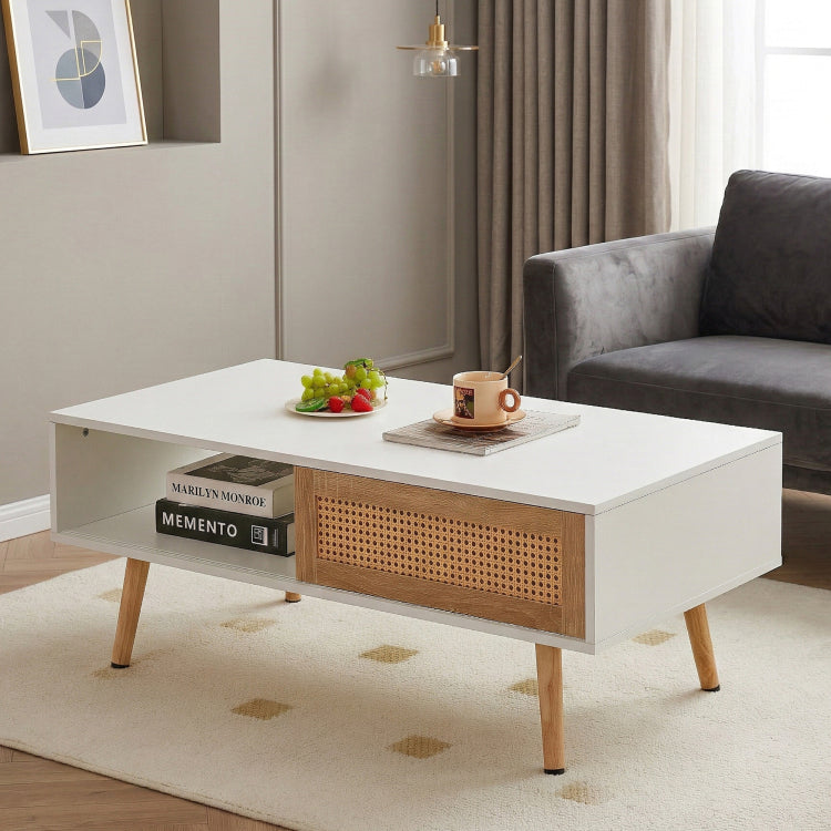 41.34" Rattan Coffee Table, Sliding Door For Storage, Solid Wood Legs, Modern Table For Living Room ,White
