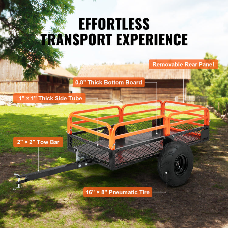 Heavy Duty Steel Atv Dump Trailer, 1500 Pound Load Capacity 15 Cubic Feet, Tow Behind Dump Cart Garden Trailer, With Removable Sides And 2 Tires, For Mowers, Tractors, Atv, Utv