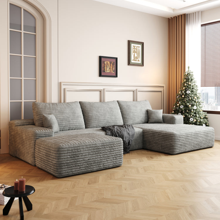 107" Cloud Sectional Sofa With 1 Ottoman,Modern Minimalist Upholstered Couches, Comfort U Shaped Sofa For Living Room,Deep Seat Corner Couch,No Assembly Required,Grey Plush Corduroy Fabric