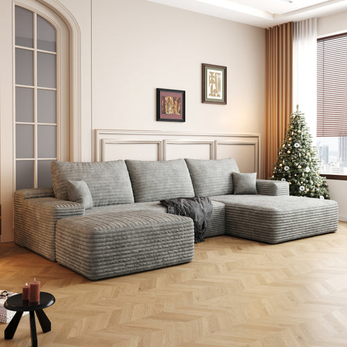107" Cloud Sectional Sofa With 1 Ottoman,Modern Minimalist Upholstered Couches, Comfort U Shaped Sofa For Living Room,Deep Seat Corner Couch,No Assembly Required,Grey Plush Corduroy Fabric