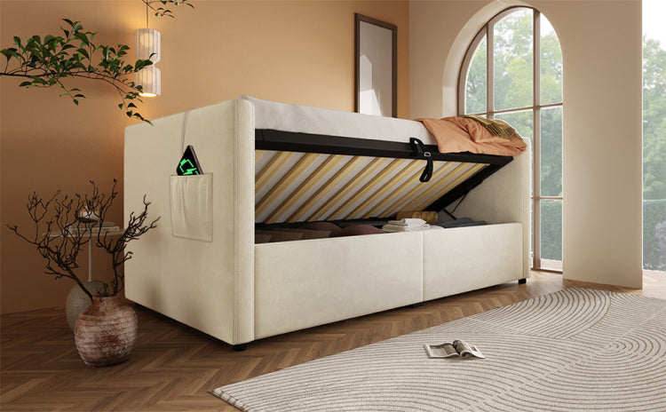 Upholstered Twin Size Daybed, Hydraulic Storage Twin Bed Frame With Usb & Type C Charging, Bed Frame With Wooden Slats And Tufted Sofa Back, Beige, Velvet Without Mattress