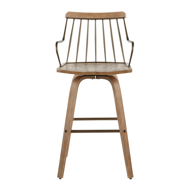 Counter Stool In White Washed Wood And Antique Copper Metal