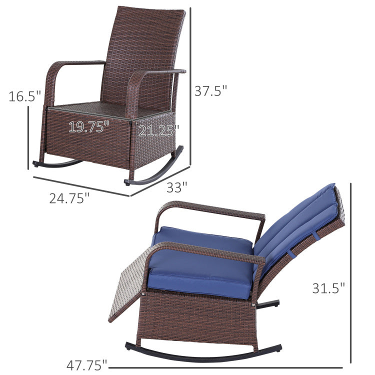 Outsunny Wicker Outdoor Rocking Chair, Patio Recliner With Adjustment Backrest, Pe Rattan Lounge Chair With Adjustable Footrest And Cushions For Garden, Backyard, Porch, Blue
