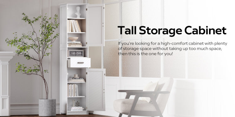 69" H Tall Bathroom Storage Cabinet With 2 Barn Doors And 1 Drawer, Narrow Storage Unit, Adjustable Shelves,Floor Cabinet For Bathroom, Living Room, Entryway,Kitchen, White