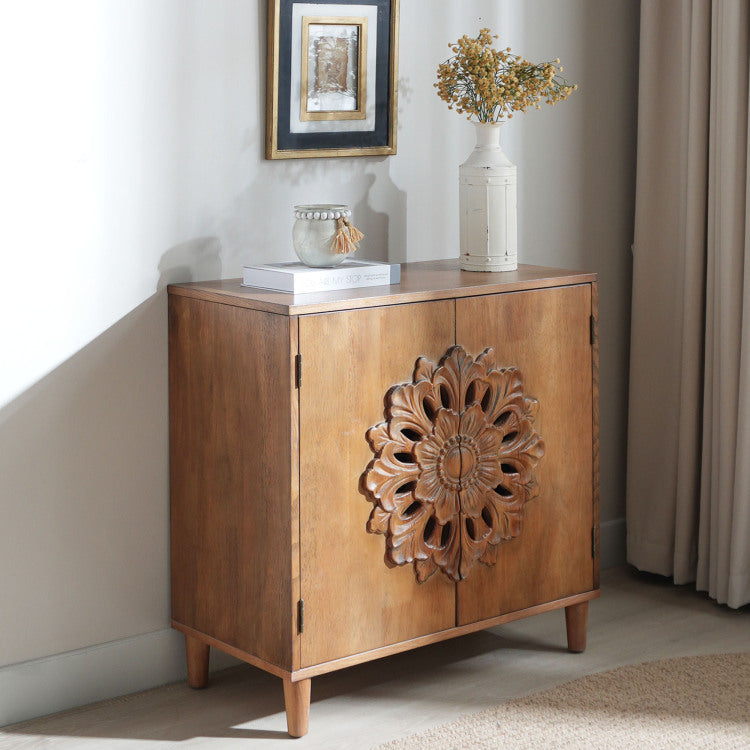 Rustic Hand Carved Wooden 2 Door Cabinet Boho Accent Storage Cabinet With Floral Design, Solid Wood Sideboard For Living Room, Entryway, Or Bedroom