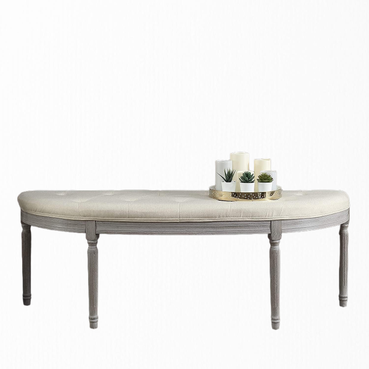 Coastal Button Tufted Light Beige Upholstered Bench With Weathered Gray Legs