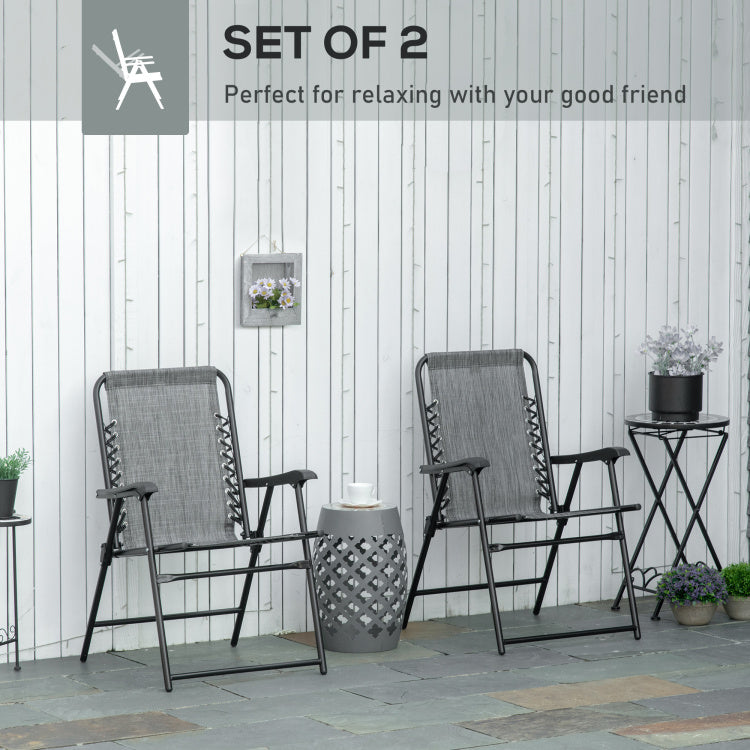 Outsunny Set Of 2 Patio Folding Chairs, Outdoor Bungee Sling Chairs W Armrests, Portable Lawn Chairs For Camping, Garden, Pool, Beach, Backyard, Gray