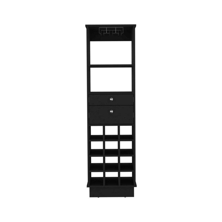 Classic Bar Cabinet, Two Drawers, Twelve Built In Wine Rack Black