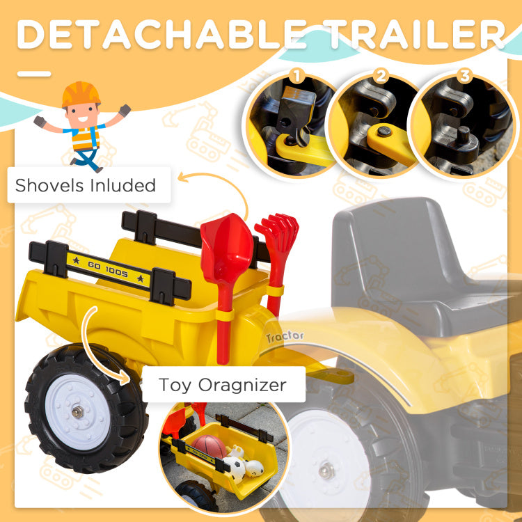 Aosom Digger Ride On Truck Kids Car With Horn, Excavator Ride On Toy, Imaginative Toy Construction Car, 6 Wheels & Detachable Trailer, Yellow