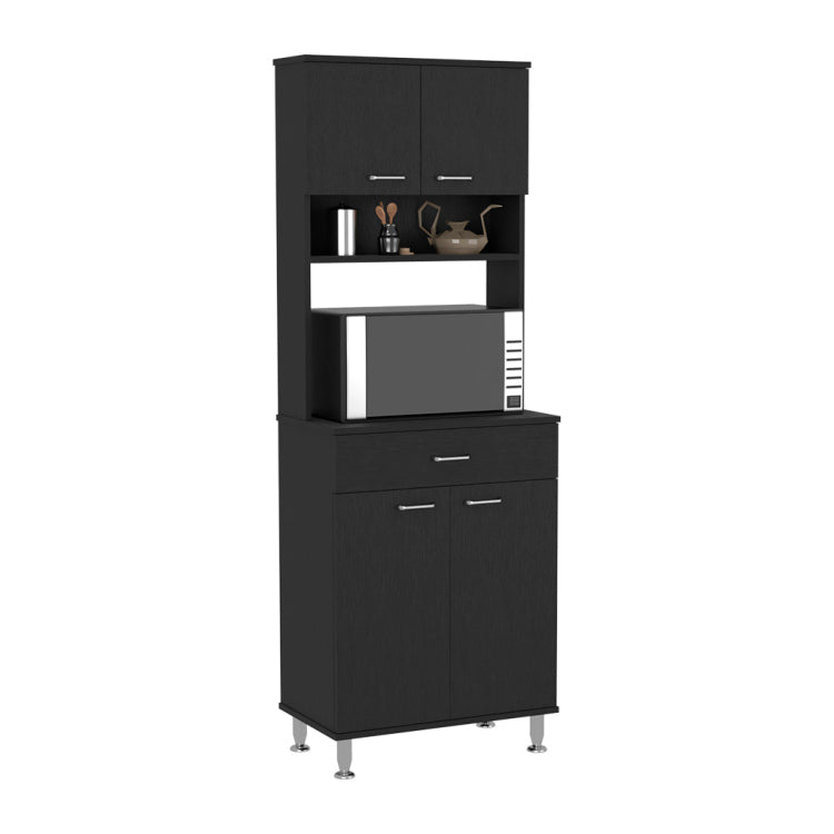 Pantry Cabinet 67" H, Four Doors, One Drawer, Three Internal Shelves, 2 External Storage Shelves, Microwave Storage Option, Four Legs, Black