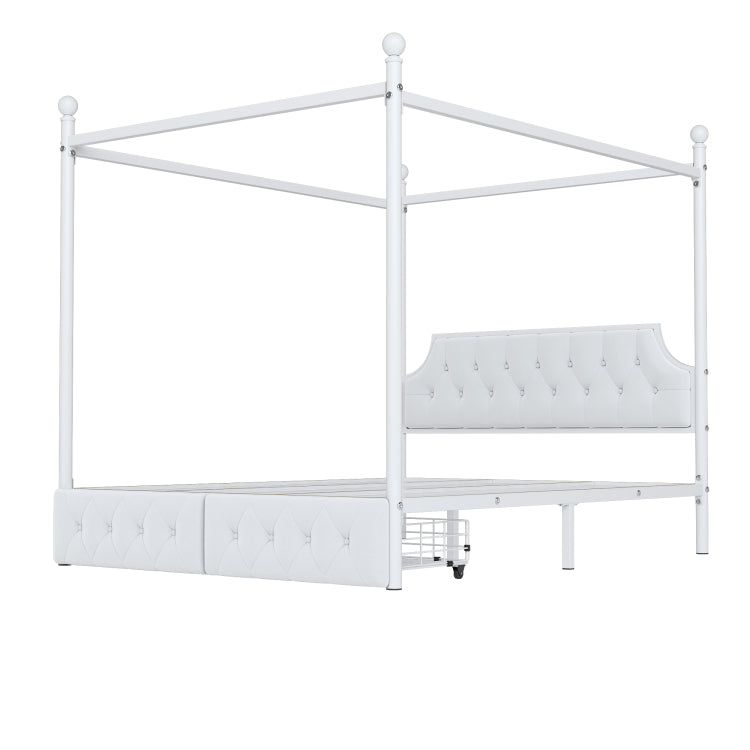 Queen Size Metal Canopy Platform Bed With Upholstered Headboard And Two Storage Drawers, White
