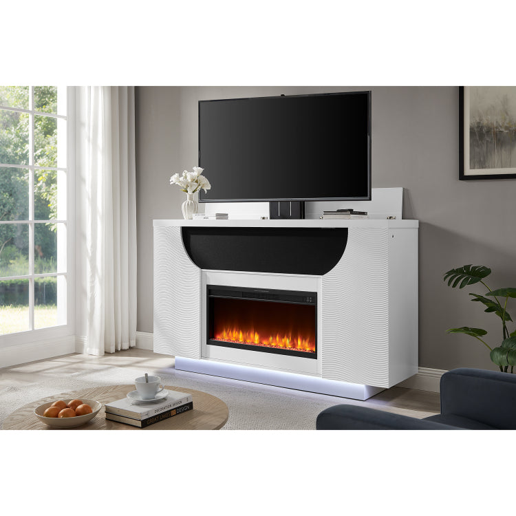 Aurora White 76 Inch Fireplace With Tv Lift