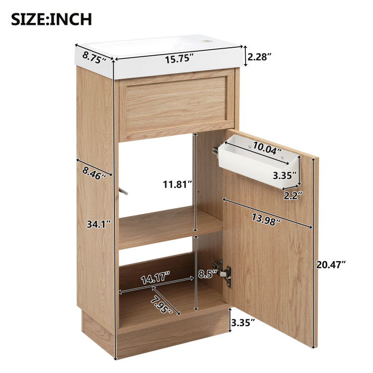 15.75" Bathroom Vanity With Reversible Resin Sink, Mdf Cabinet With Adjustable Shelf And Push To Open Door, Wood Grain Melamine Finish, Reversible Door, Rustic Style For Small Spaces