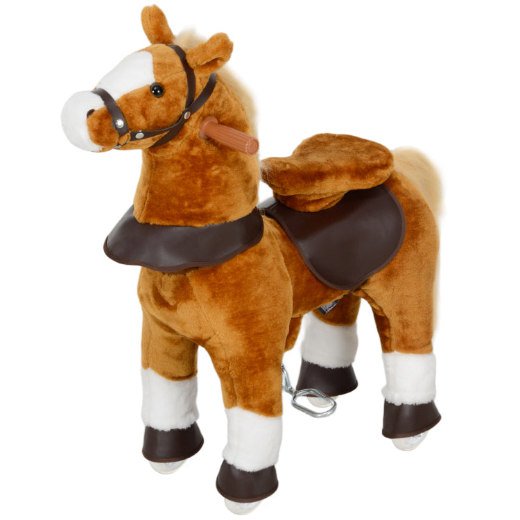 Qaba Ride On Horse, Walking Horse Toy, Kids Plush Riding Horse, Pony With Wheels & Neighing Sound For 3 5 Years Old Up To 132 Pounds, Brown