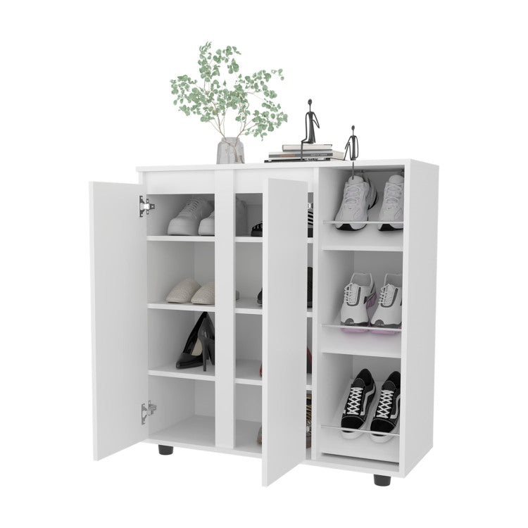 Houck Shoe Rack With 3 Side Tiers, Compact Storage For Shoes, Boots, And Accessories Organizer, White