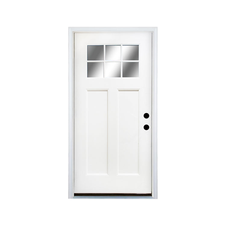 Fiberglass Entry Door, 36'' X 80" Door With Brickmould,4 9 16 Vinyl Frame,White Primed, Left Hand Inswing, Front Entry Knock Down Door, 2 Panel Craftsman, 6 Lite Low E Glass