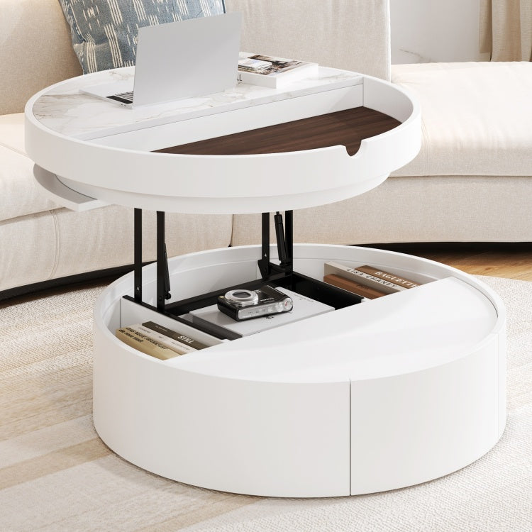 White Round Lift Coffee Table With 1 Drawer In 29.5", Marble Veneer And Wood Grain Tabletop