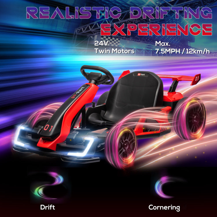 Aosom 24V 7.5 Mph Electric Go Kart With Adjustable Seat, Drifting Car Battery Powered Ride On Toy Outdoor With Slow Start, Button Start, Music, Honking Horn, Lights, For 6 12 Years Old, Red