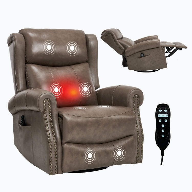 Heat Massage Manual Recliner Chair With Rocker And Swivel In Genuine Leather For Living Room