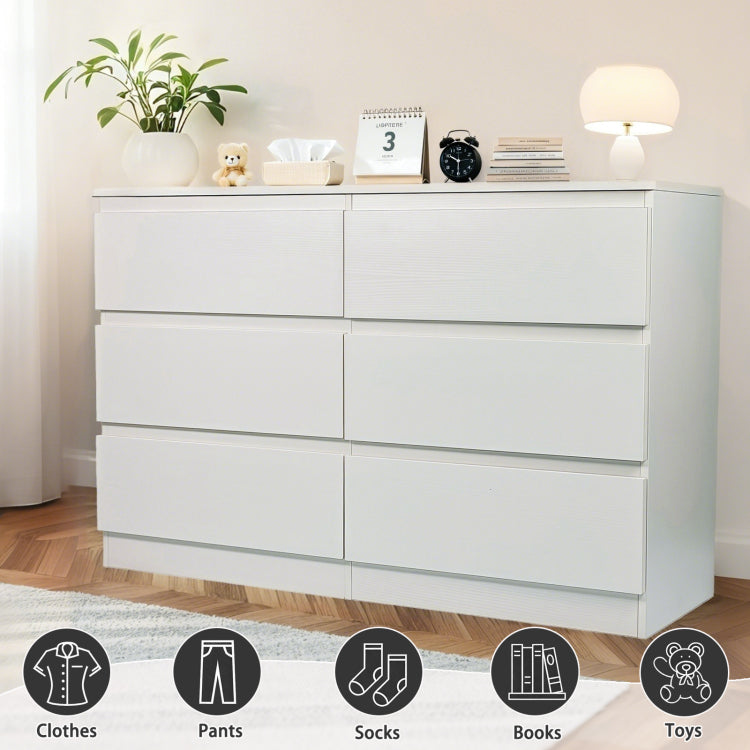 6 Drawer White Dresser, Modern Dresser For Bedroom With Spacious Countertop, Wood Storage Cabinet With Concealed Handles & 6 Deep Drawers For Bedroom, Living Room, Entryway, 15.7" D X 47.2" W X