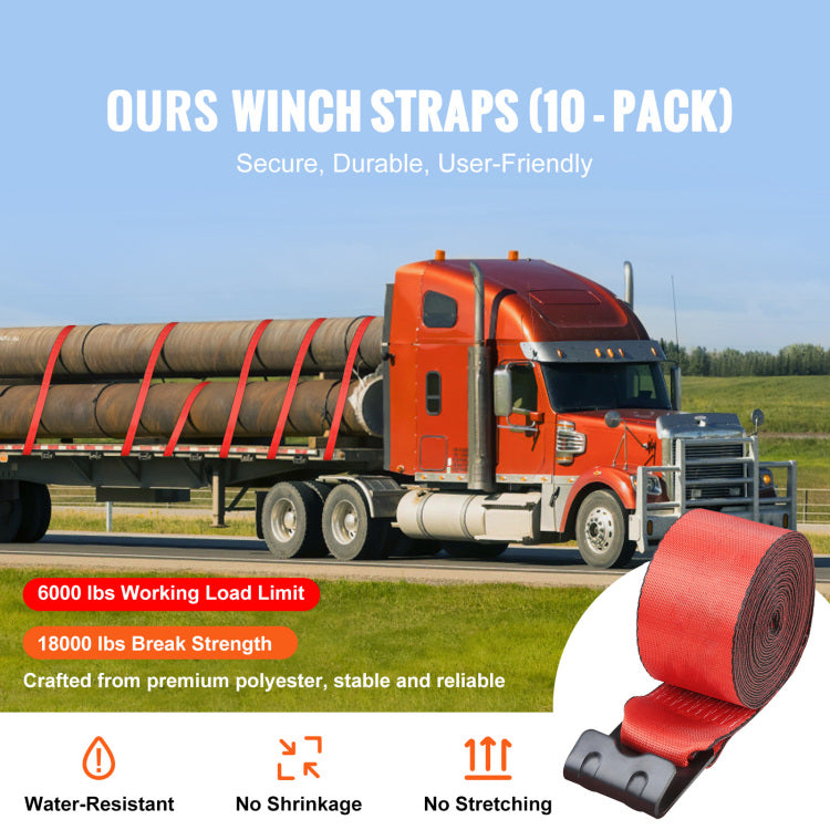 Winch Straps, 4" X 30', 6000 Lbs Load Capacity, 18000 Lbs Breaking Strength, Truck Straps With Flat Hook, Flatbed Tie Downs Cargo Control For Trailers, Farms, Rescues, Tree Saver, Red 10 Pack