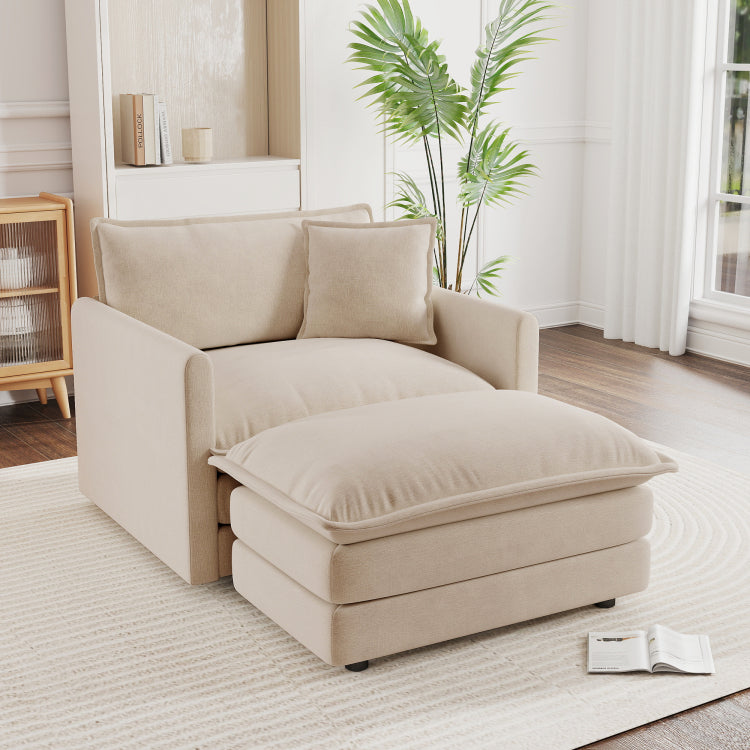 Modern Accent Chair With Ottoman, Living Room Club Chair Chenille Upholstered Armchair , Reading Chair For Bedroom, Light Coffee Chenille