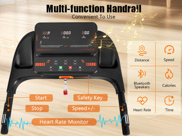 Treadmills For Home, 2.5Hp Quiet Folding Treadmill With Heart Rate Sensor, 300Lbs Weight Capacity, 7.5Mph, Incline Treadmill With Usb Charge Station For Android & Bluetooth Speaker, 6 Shock