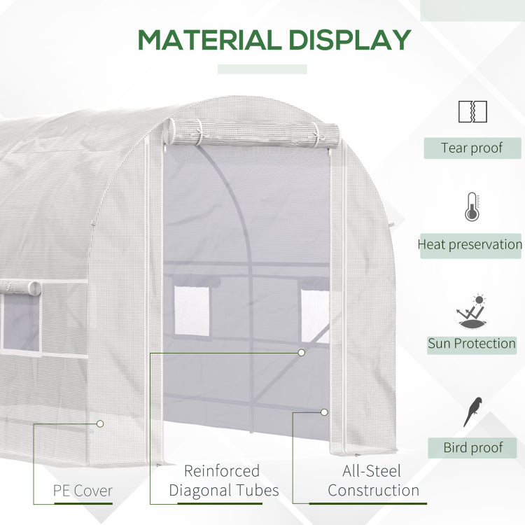 Outsunny 15' X 7' X 7' Walk In Tunnel Greenhouse, Large Garden Hot House Kit With 6 Roll Up Windows & Roll Up Door, Steel Frame, White