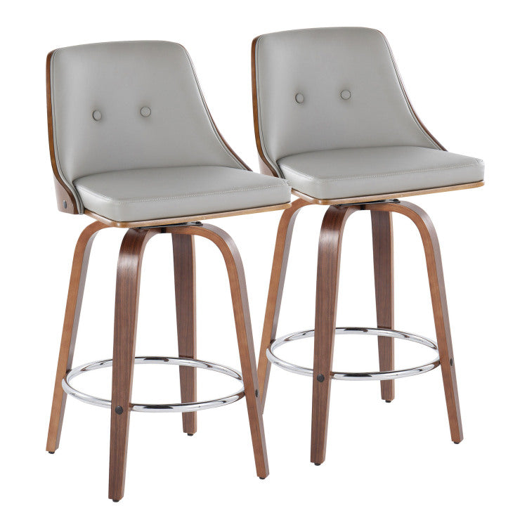 26" Mid Century Modern Fixed Height Counter Stool With Swivel In Walnut Wood And Light Grey Faux Leather With Round Chrome Metal Footrest Set Of 2