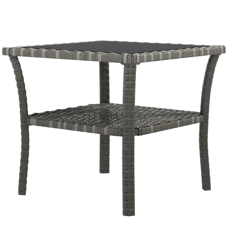 Outsunny Rattan Side Table, Outdoor End Table With Storage Shelf, Aluminum Frame Square, Coffee Table With Tempered Glass Top, Mixed Gray