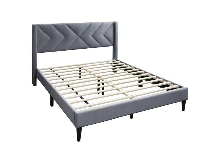 Elegant Modern Gray Velvet Upholstered Queen Size Bed Clean Lines Design Headboard 1Pc Bedframe