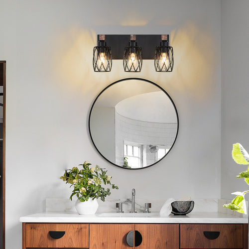 18" Industrial Vintage 3 Light Wall Sconce Black Cage Wall Lighting Fixture With Wooden Accents For Bathroom, Hallway, Or Living Room Bulb Not Included