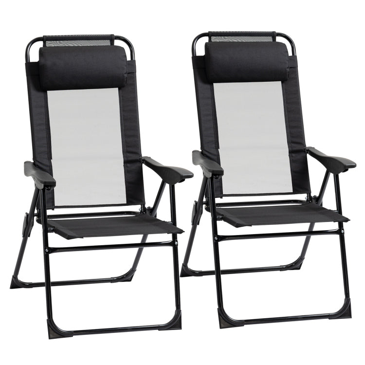 Outsunny Folding Patio Chairs Set Of 2, Outdoor Deck Chair With Adjustable Sling Back, Camping Chair With Removable Headrest For Garden, Backyard, Lawn, Black