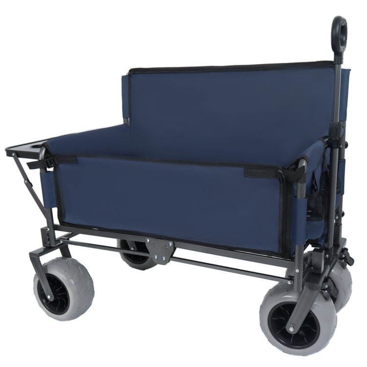 3 In 1 Folding Wagon With Bench Seat & Rear Mounted Folding Tabletop 500Lbs Capacity, 9"X4" Beach Tires For Camping, Beach, Dark Blue