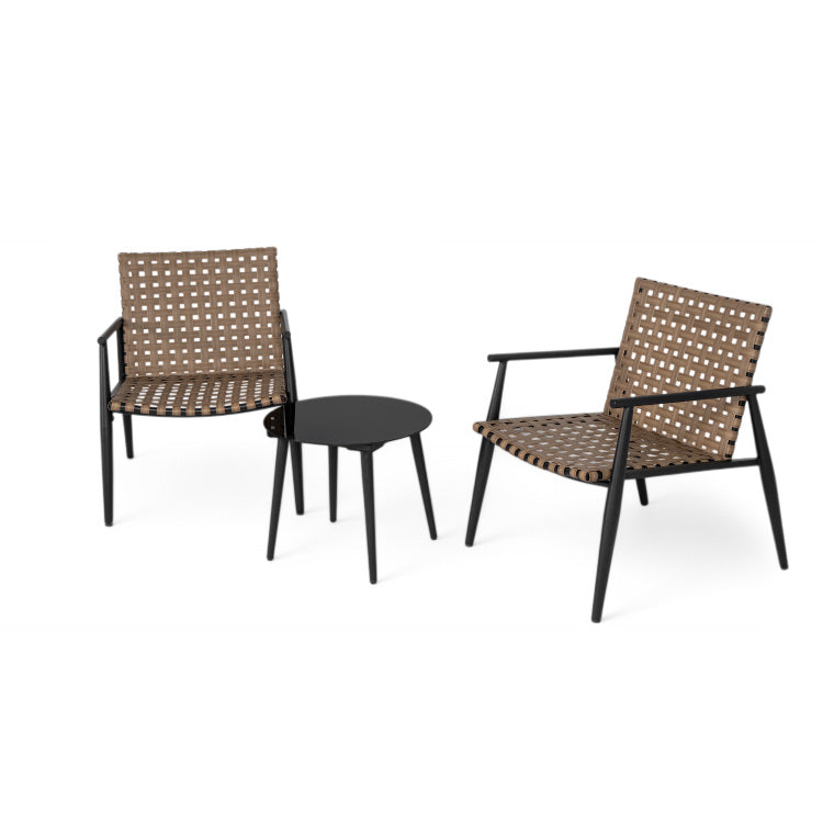 Modern Outdoor Chat Set: 2 Pe Rattan Chairs Black Steel & Tempered Glass Side Table Durable & Stylish