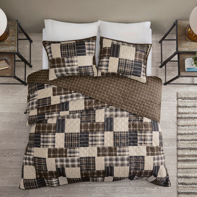 3 Piece Reversible Printed Quilt Set Black Brown King Cal King