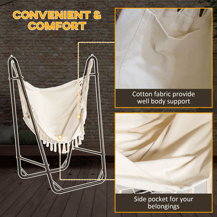 Outsunny Patio Hammock Chair With U Shape Stand, Outdoor Hammock Swing Hanging Lounge Chair With Side Pocket, Brown Cream White