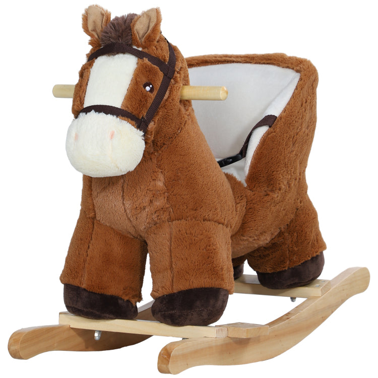 Qaba Baby Rocking Horse, Plush Animal Rocker With Sound, Wooden Base, & Safety Belt For Ages 18 36 Months, Brown