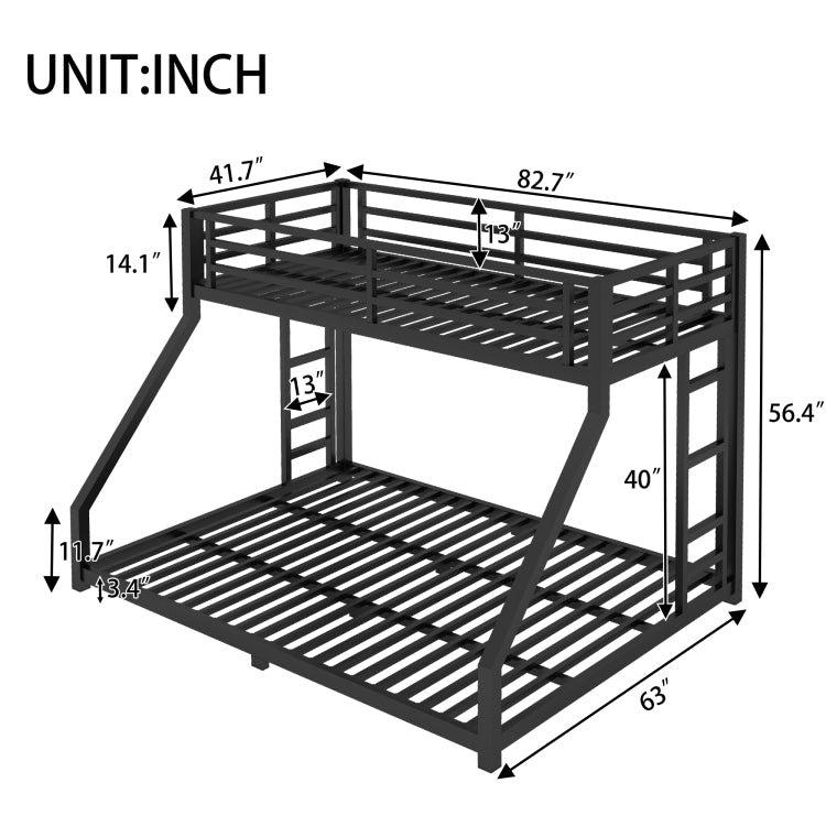 Metal Twin Xl Over Queen Bunk Bed For Teens And Adults,Noise Reduced No Box Spring Needed, Black