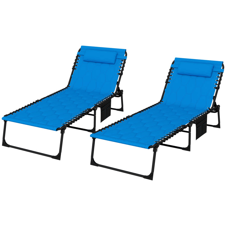 Outsunny Folding Chaise Lounge Set With 5 Level Reclining Back, Outdoor Lounge Tanning Chair With Padded Seat, Side Pocket & Headrest For Beach, Yard, Patio, Blue