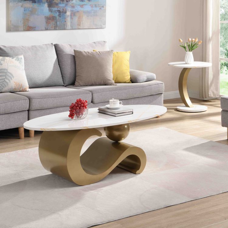 Modern Nesting Coffee Table Set Of 2 End Table For Living Room, Oval And Round Table Set, Golden