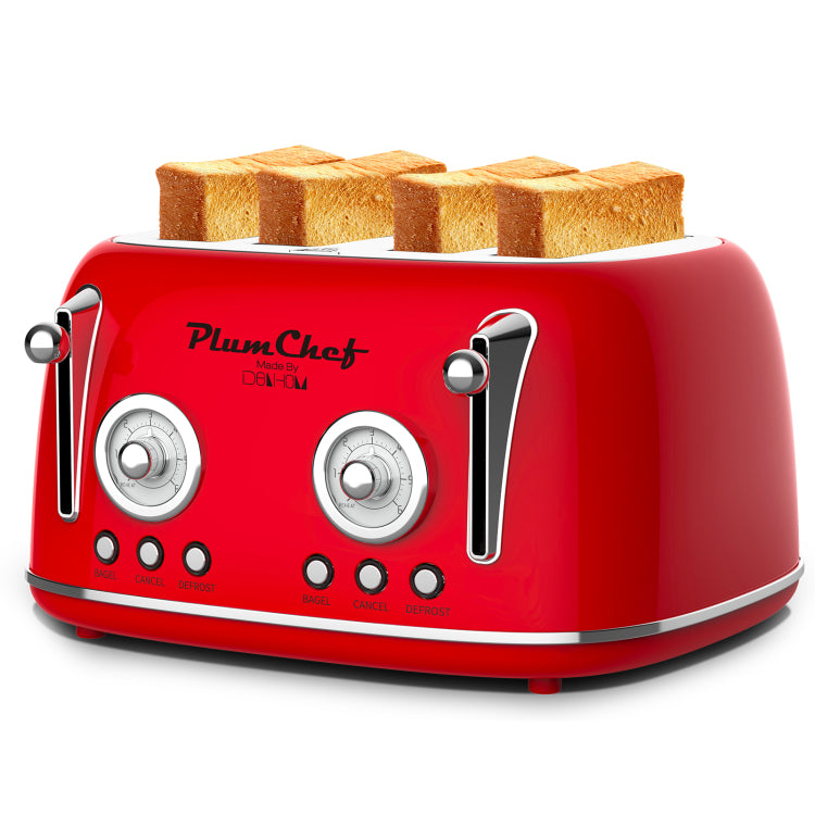 4 Slice Retro Style Toaster, Dual Control Toaster , 6 Browning Settings, Bagel Defrost Functions, Removable Crumb Tray, Stainless Steel Housing 1650W, Red