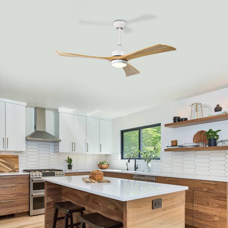 52" Solid Wood Blades With Lights Remote Control,Quiet Dc Motor 3 Blade S 6 Speed Levels,Reversible , For Patio Living Room, Bedroom, Office,Indoor. White Natural