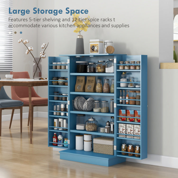 Homcom 41" Kitchen Pantry Storage Cabinet, Freestanding Kitchen Cabinet With 12 Door Shelves, Double Doors, 5 Tier Shelving And Adjustable Shelves, Blue