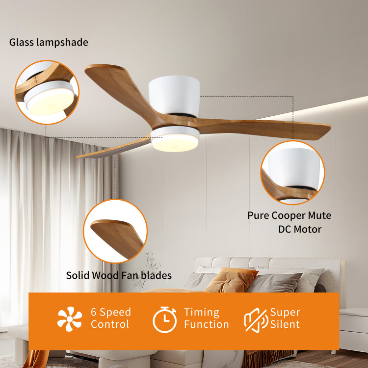 52 Inch White Wood S With Lights And Remote, Modern Flush Mount Low Profile With Light, 6 Speed, Reversible Dc Motor, For Bedroom Outdoor Farmhouse Patios
