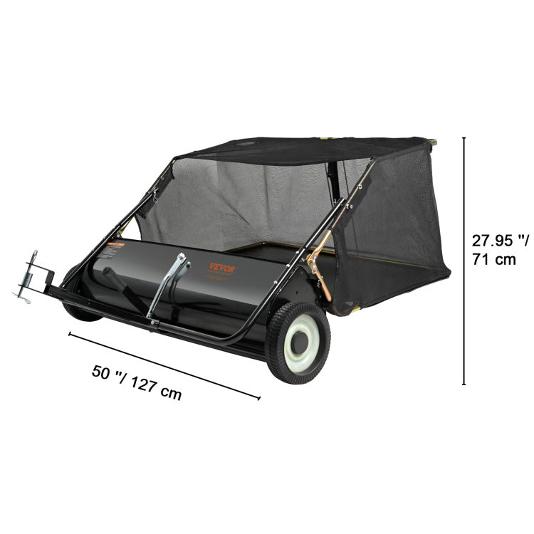 50" Tow Behind Lawn Sweeper 26 Cu. Ft. Leaf & Grass Collector Adjustable Height