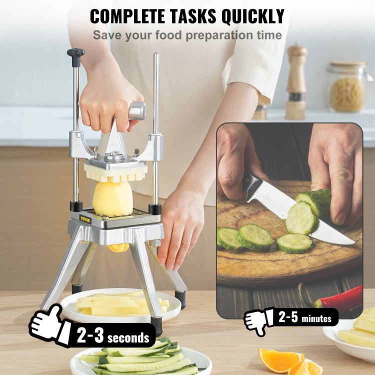 Commercial Vegetable Fruit Chopper, Stainless Steel French Fry Cutter With 4 Blades 1 4" 3 8" 1 2", 6 Wedge Slicer, Chopper Dicer With Tray, Heavy Duty Cutter For Potato Tomato Onion Mushroom