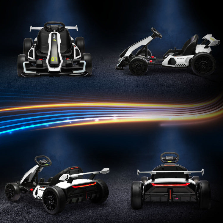 Aosom 24V 7.5 Mph Electric Go Kart With Adjustable Seat, Drifting Car Battery Powered Ride On Toy Outdoor With Slow Start, Button Start, Music, Honking Horn, Lights, For 6 12 Years Old, White