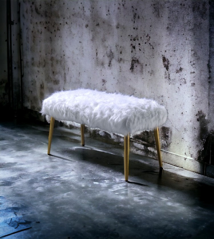 Bagley Ii White Faux Fur & Gold Finish Bench