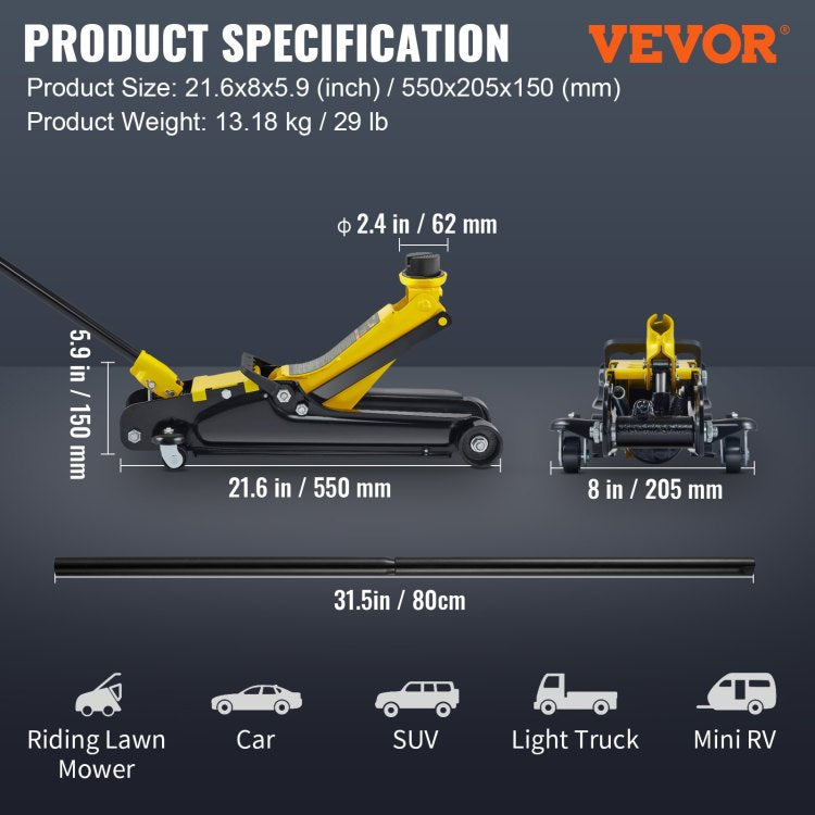 Low Profile Floor Jack 2.5 Ton Heavy Steel Single Piston Hydraulic Pump